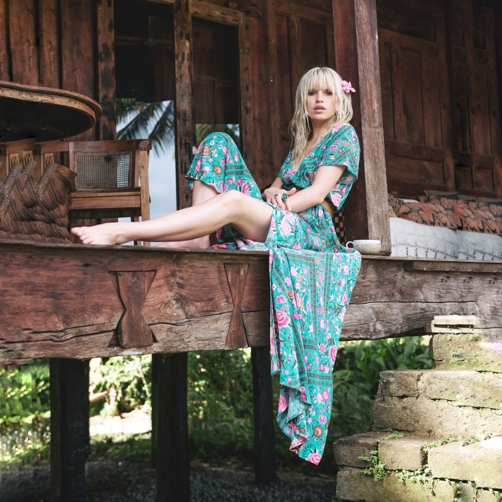 SPELL AND THE GYPSEY PINK TURQUOISE FLORAL PRINT BUTTON UP BABUSHKA GOWN DRESS - Picture 2 of 13